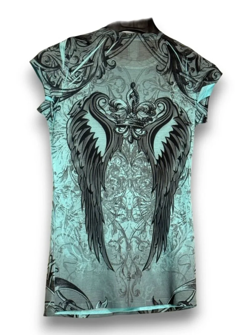 R. Rouge USA Y2K Style Teal Graphic Wing Top Rhinestone Accents Size Medium Fits - Picture 5 of 8
